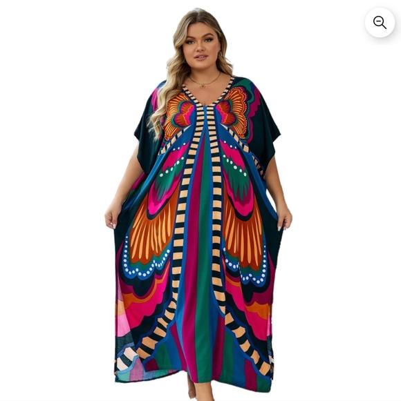 None Dresses & Skirts - Colorful Butterfly Patterned Bohemian Kaftan Dress_One Size Fits Most_Large